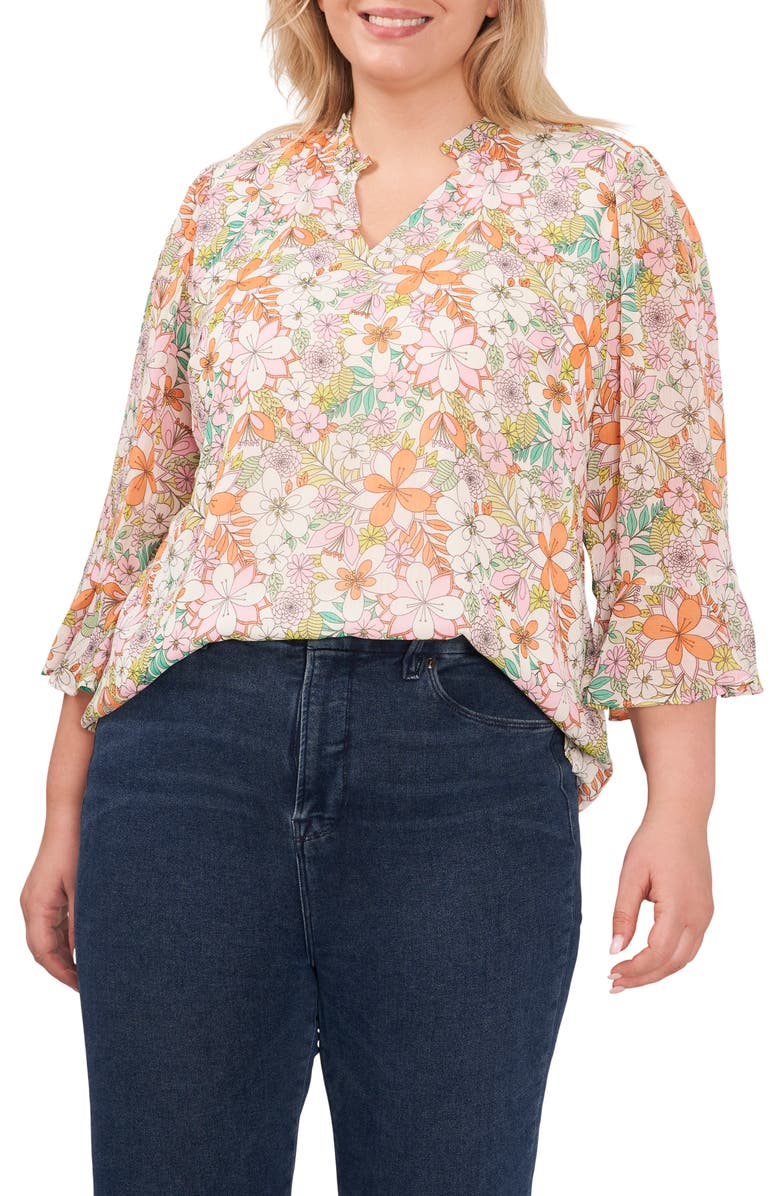 CeCe Floral Ruffle Tie Neck Top, Main, color, 
