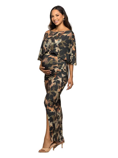 24seven Comfort Apparel Abstract Print Batwing Sleeve Maxi Dress With Slit In Multi