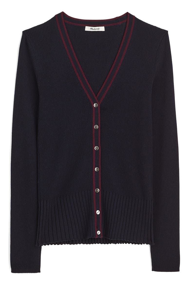 Deep V-Neck Merino Wool & Silk Cardigan, Alternate, color, DARK NAVY COMBO