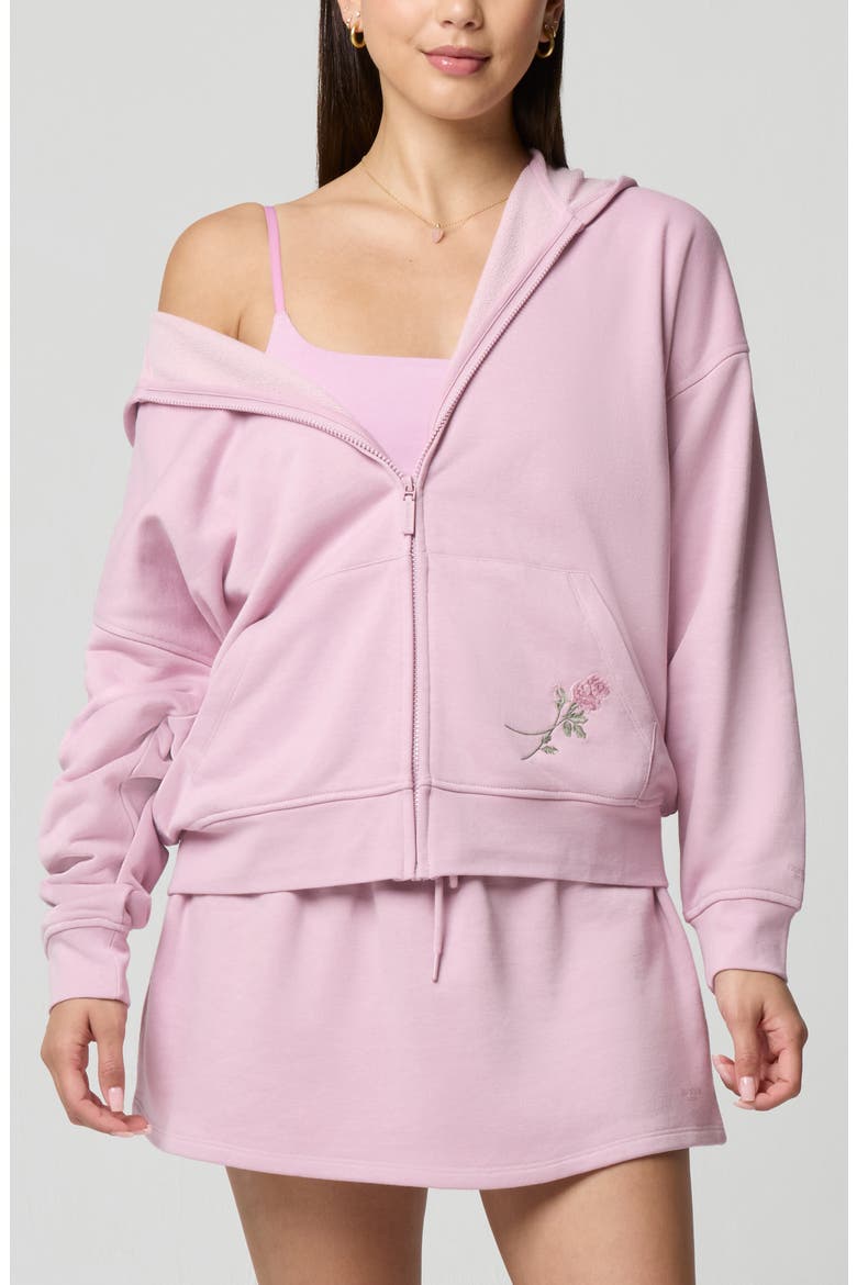 Cozy Crush Forever Embroidered Oversize Graphic Zip Hoodie, Main, color, DAWN PINK ROSE