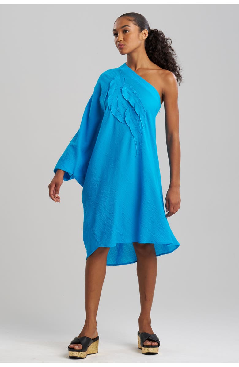 Natori Cotton Gauze One Shoulder cover-up Dress with Applique, Main, color, Blue