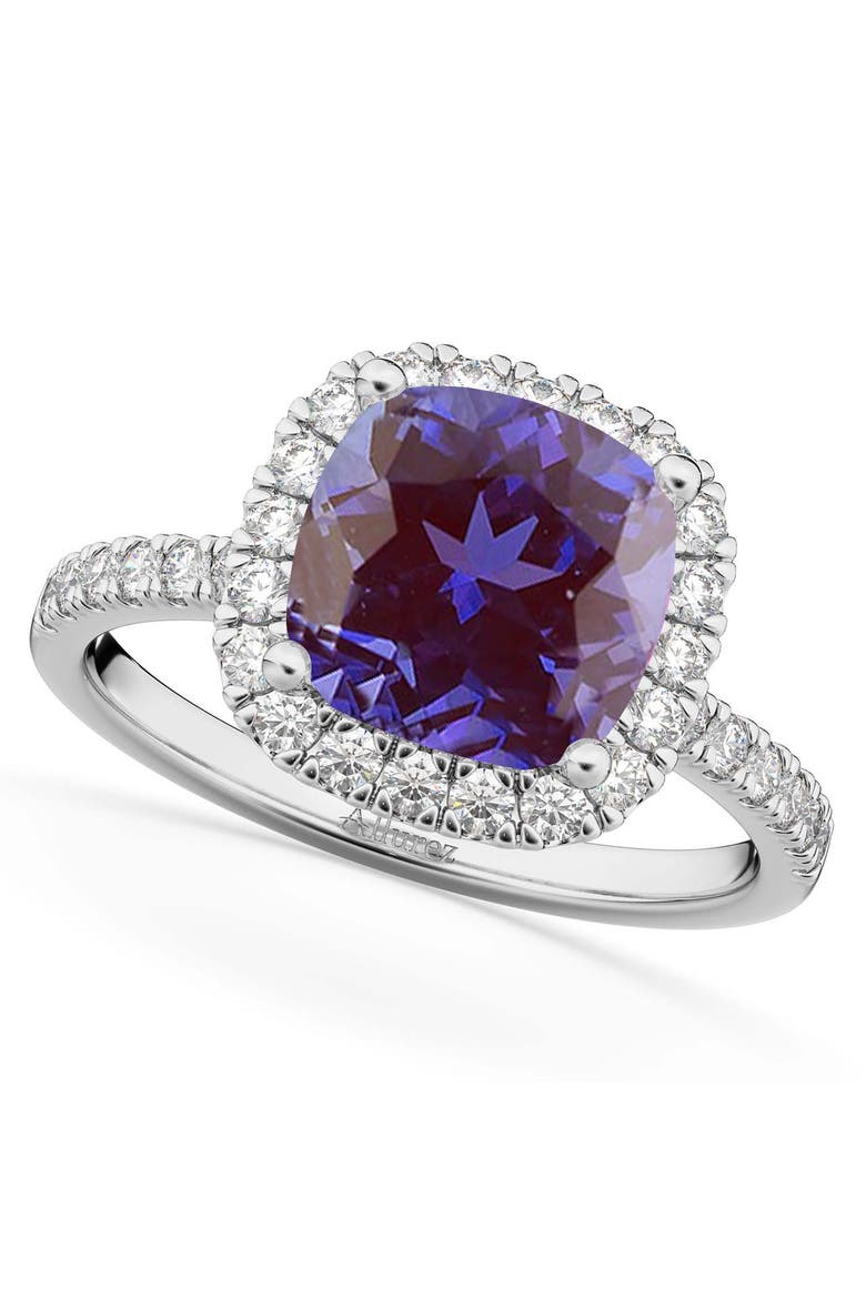 Cushion Cut Halo Lab Alexandrite & Diamond Engagement Ring 14k, Main, color, 3.11ct/White Gold