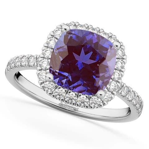 Cushion Cut Halo Lab Alexandrite & Diamond Engagement Ring 14k