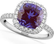 ALLUREZ Cushion Cut Halo Lab Alexandrite & Diamond Engagement Ring 14k