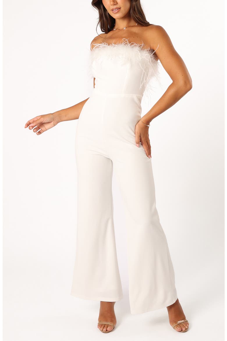 Louise Feather Trim Strapless Jumpsuit, Main, color, WHITE