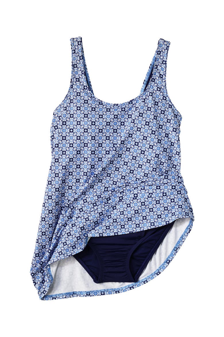Scoop Neck Mini Swim Dress One Piece Swimsuit, Alternate, color, Lake Blue Geo Floral