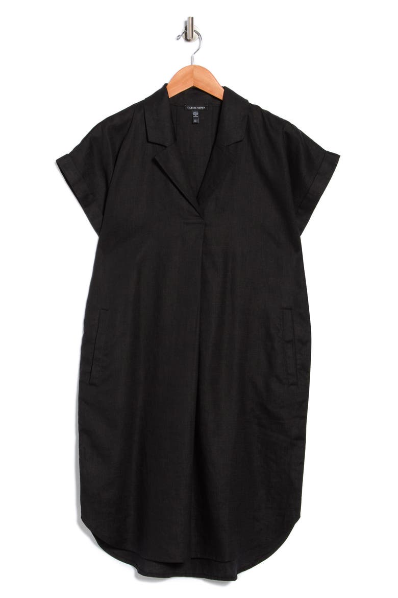 Notch Collar Linen Shirt Dress, Alternate, color, BLACK