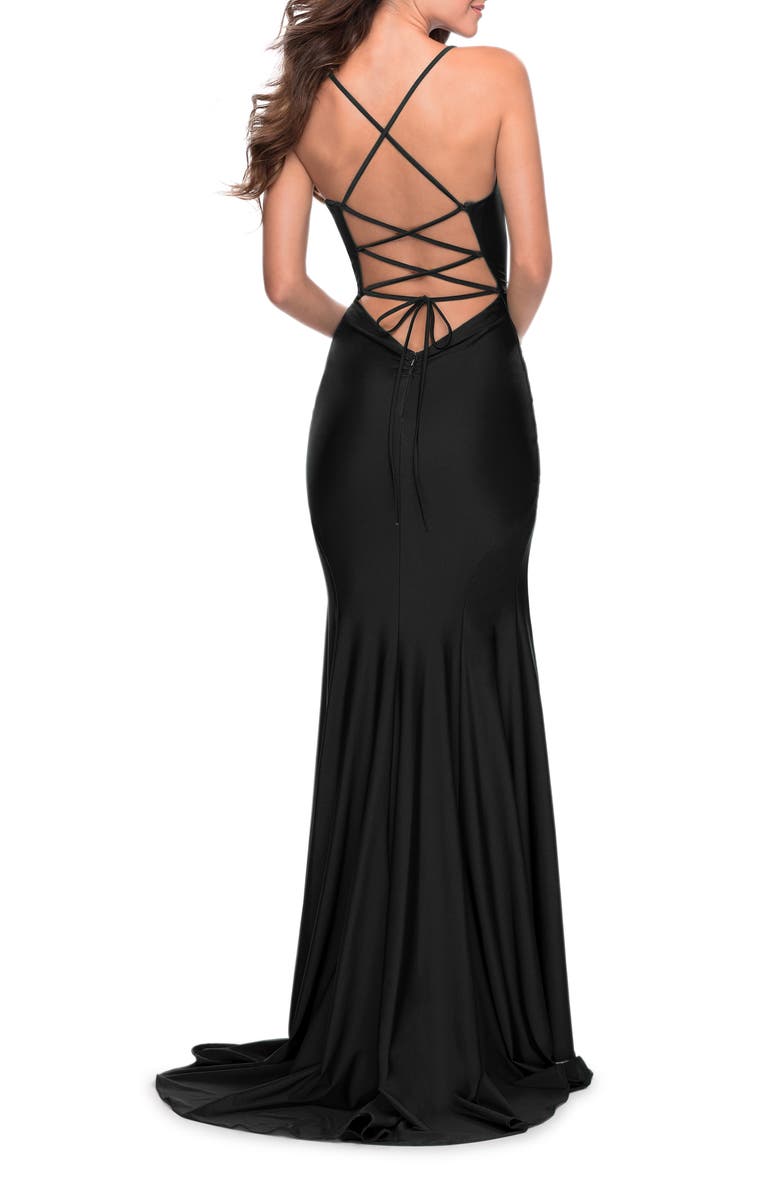 La Femme Form Fitting Jersey Prom Dress with Draped Neckline, Alternate, color, Black