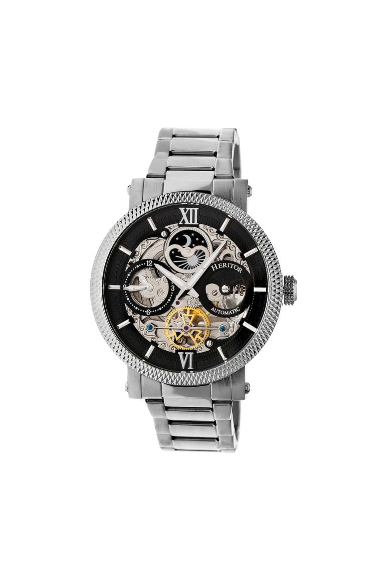Aries Skeleton Leather-Band Watch, Main, color, Silver/Black