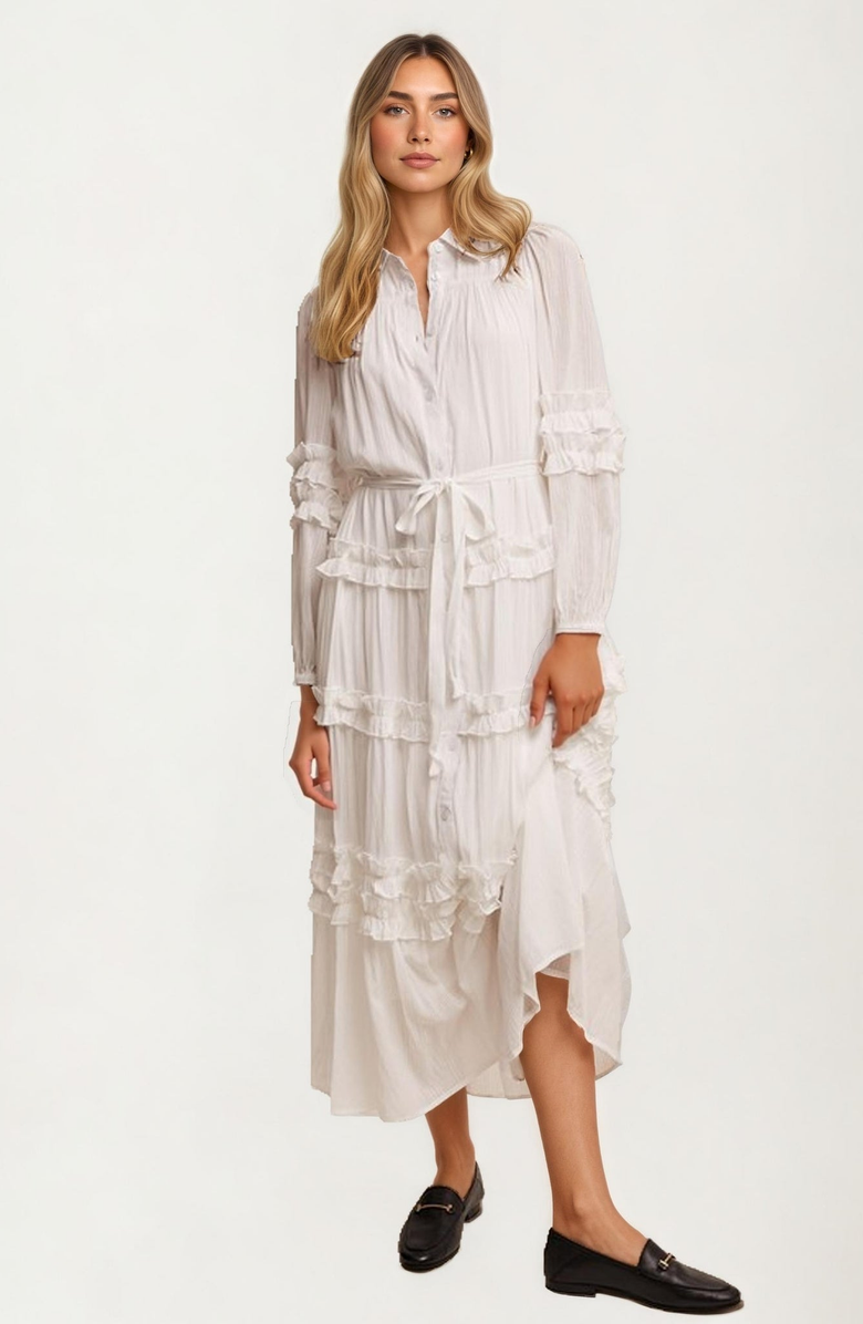 Knit and Lounge Long Sleeve Ruffle Tiered Maxi Shirt Dress, Alternate, color, White