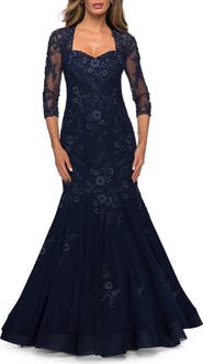 La Femme Long Lace Mermaid Gown with Square Neckline