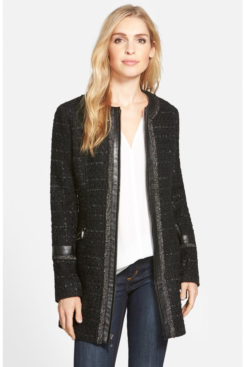 Ribbon Trim Tweed Coat, Main, color, BLACK