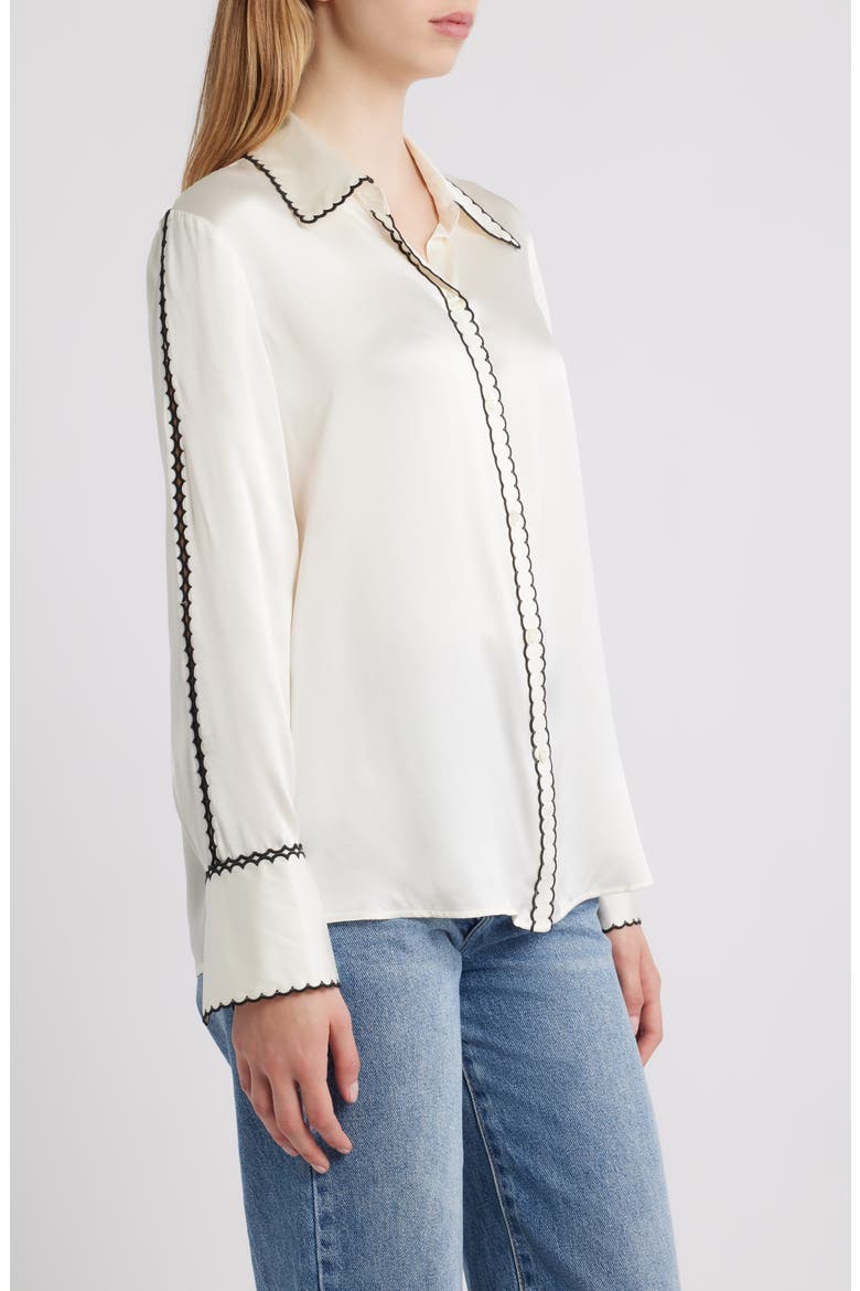 Aloise Embroidered Trim Silk Button-Up Shirt, Alternate, color, IVORY