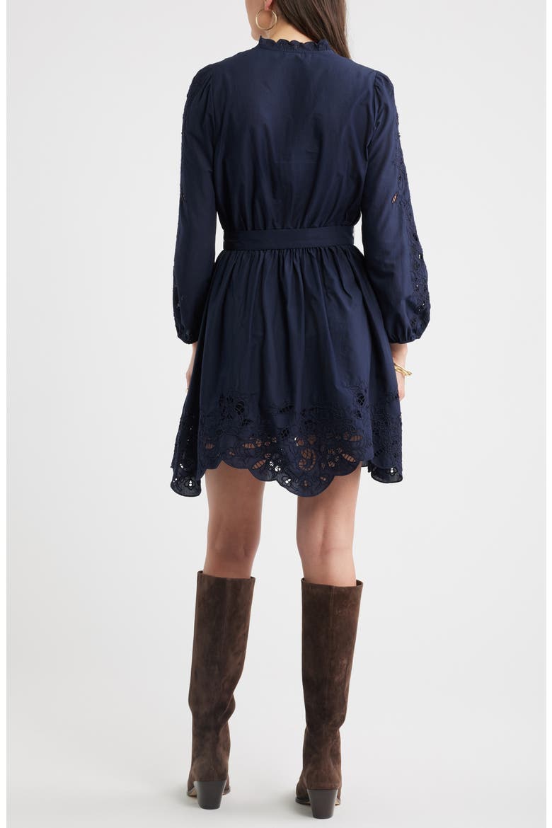 Embroidered Long Sleeve Tie Waist Minidress, Alternate, color, NAVY NIGHT