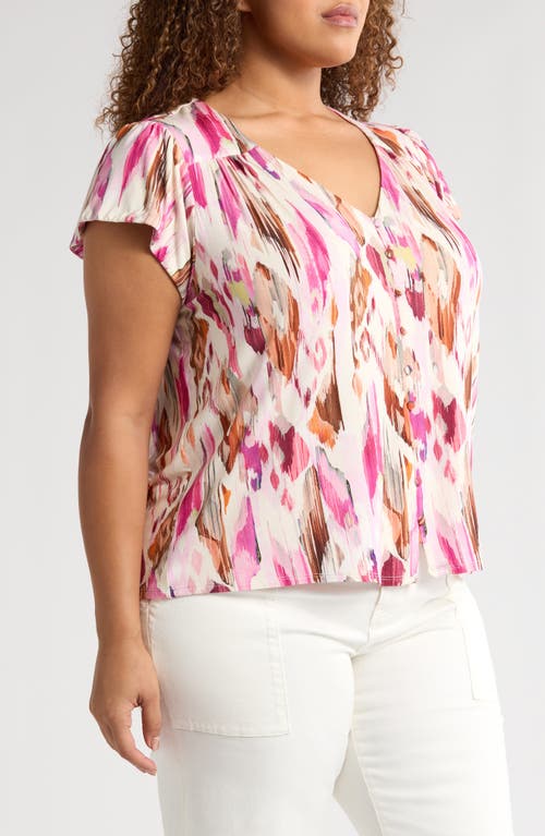 Liverpool Los Angeles Flutter Sleeve Knit Button-up Shirt In Pink Printed Ikat