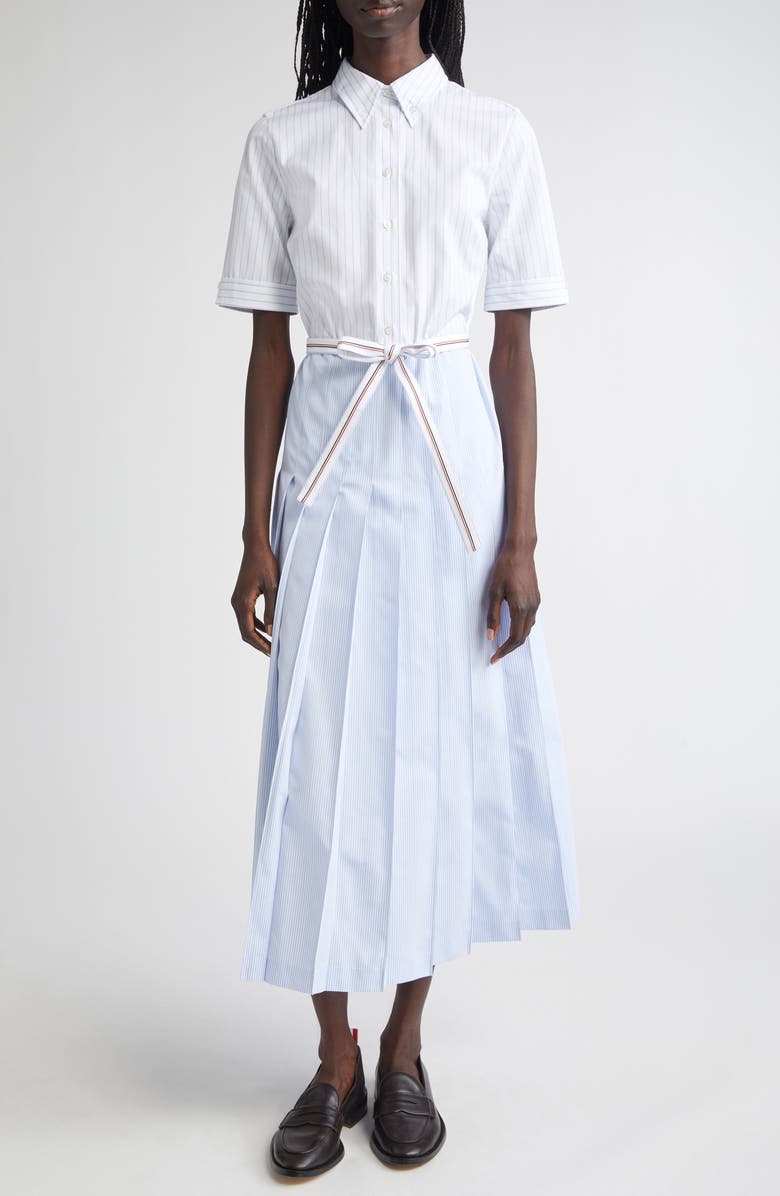 Thom Browne Mixed Stripe Pleated Button-Down Shirtdress, Main, color, Light Blue