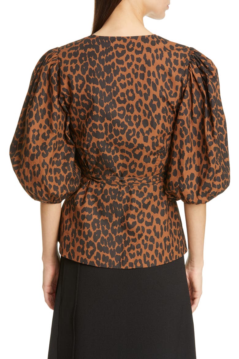 Leopard Print Balloon Sleeve Organic Cotton Wrap Top, Alternate, color, TOFFEE