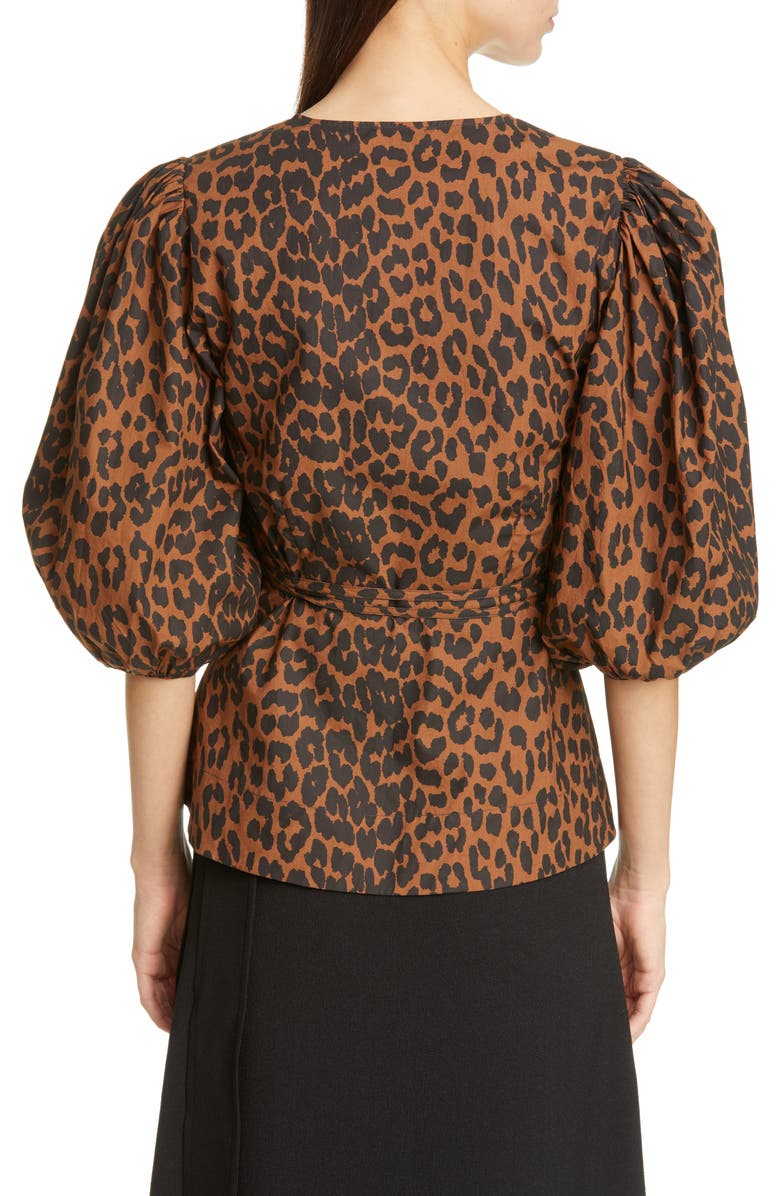 Ganni Leopard Print Balloon Sleeve Organic Cotton Wrap Top, Alternate, color, 