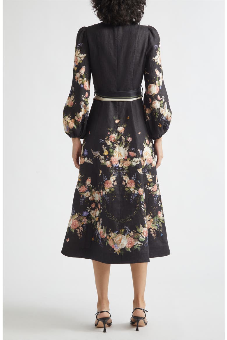 Valiant Floral Long Sleeve Linen Midi Dress, Alternate, color, BLACK BOUQUET