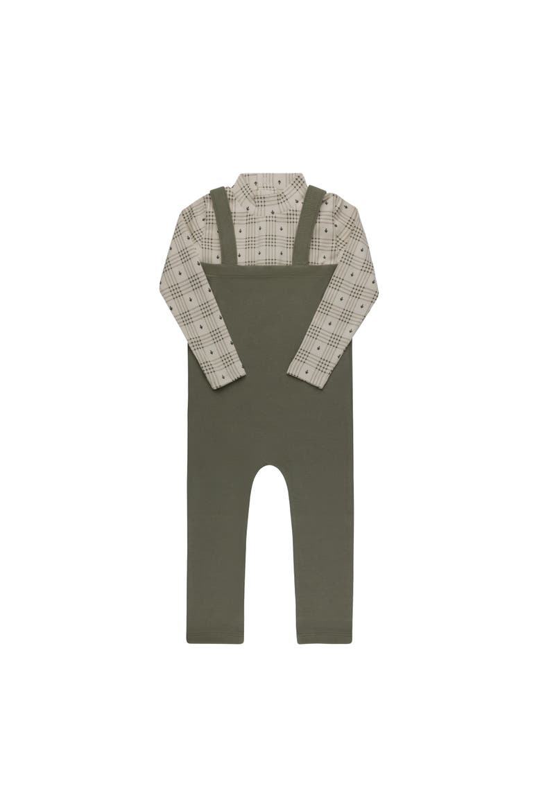 Cotton Floral Plaid Collection - Bodysuit + Overalls, Main, color, Tan