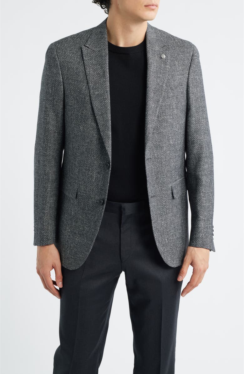 AllSaints Rawdon Slim Fit Black Mélange Wool & Linen Peak Lapel Sport Coat, Main, color, Black White