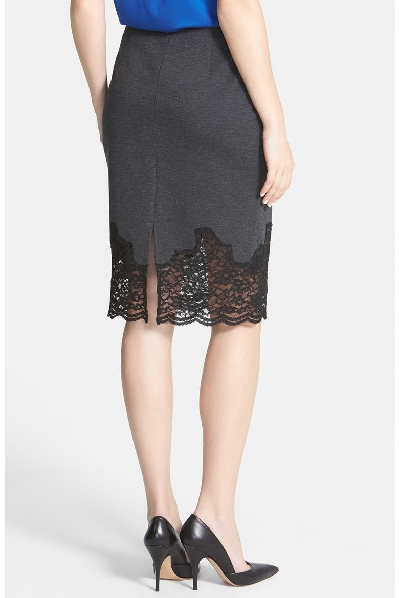 Lace Hem Stretch Ponte Pencil Skirt, Alternate, color, DARK HEATHER GREY