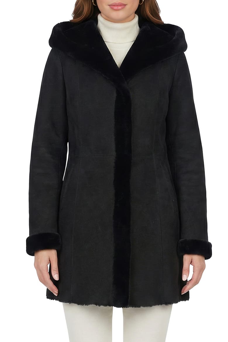 Merino Shearling Hooded Coat, Alternate, color, BLACK