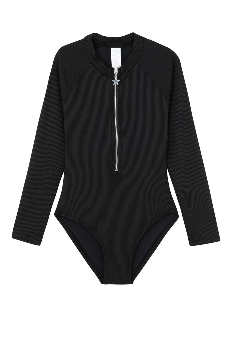 Summer Rib Textured Long Sleeve Zip Front One Piece, Main, color, Black