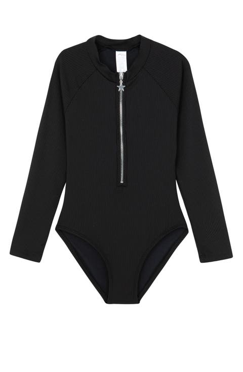 Summer Rib Textured Long Sleeve Zip Front One Piece
