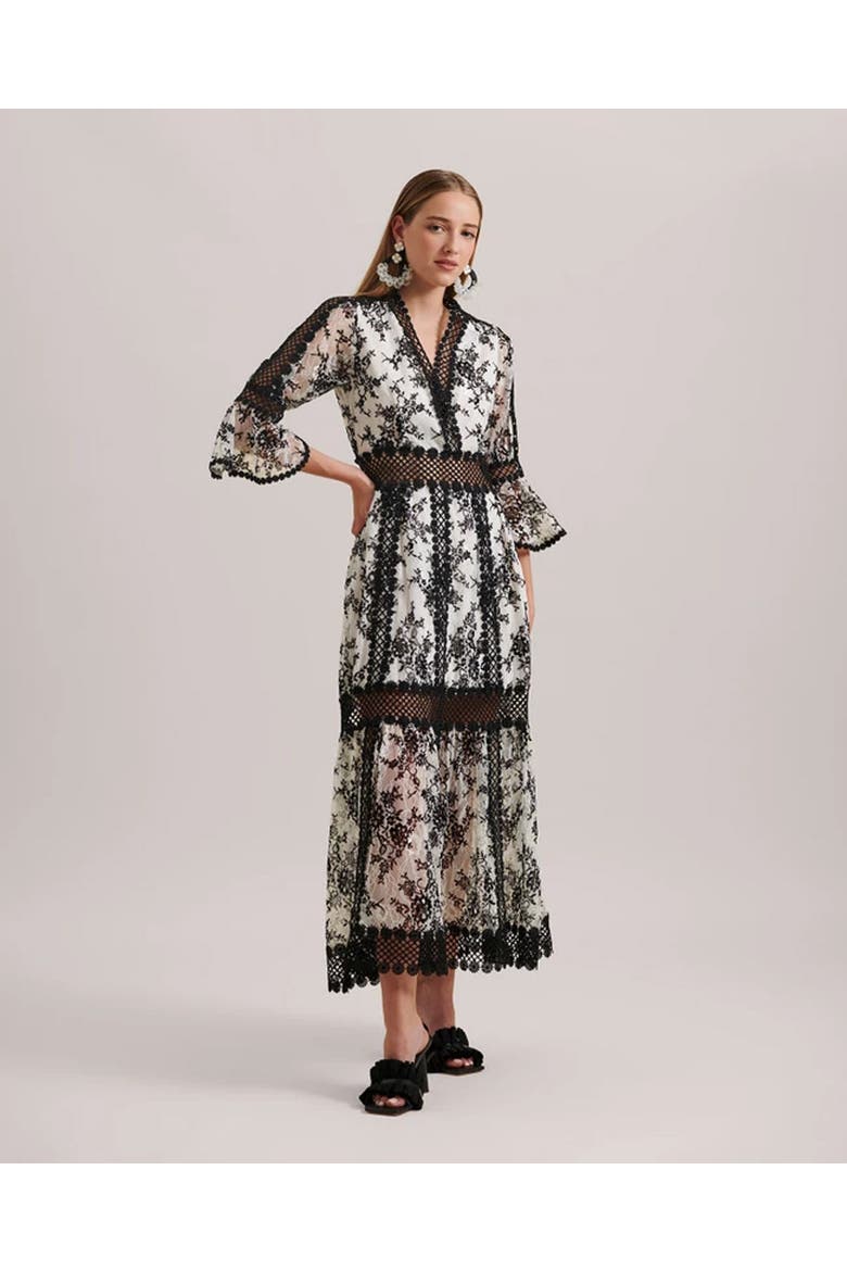 Amodio Long Floral Lace Dress, Alternate, color, Black/White