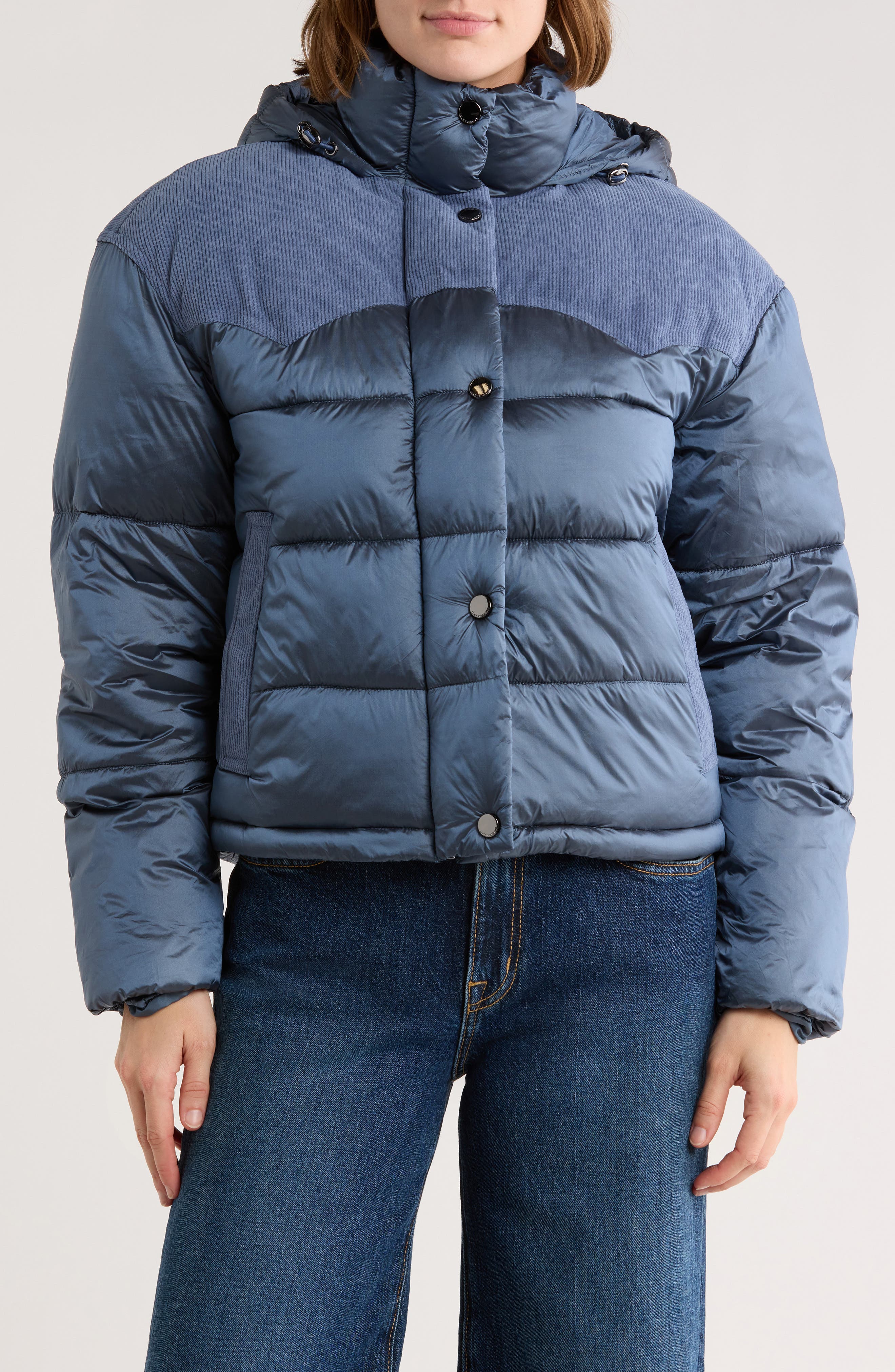 Lucky Brand Corduroy Trim Hooded Crop Puffer Jacket