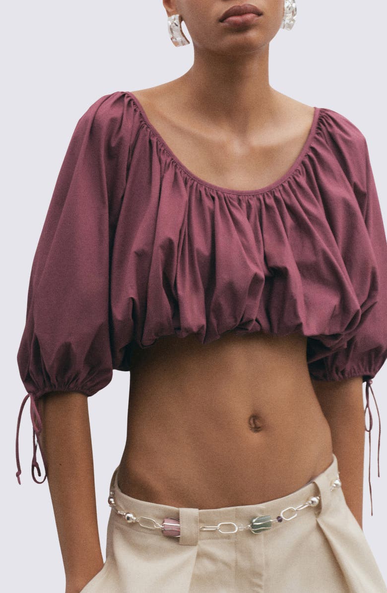 MANGO Blusa Bambino Puff Sleeve Crop Cotton Blend Top, Main, color, Cherry