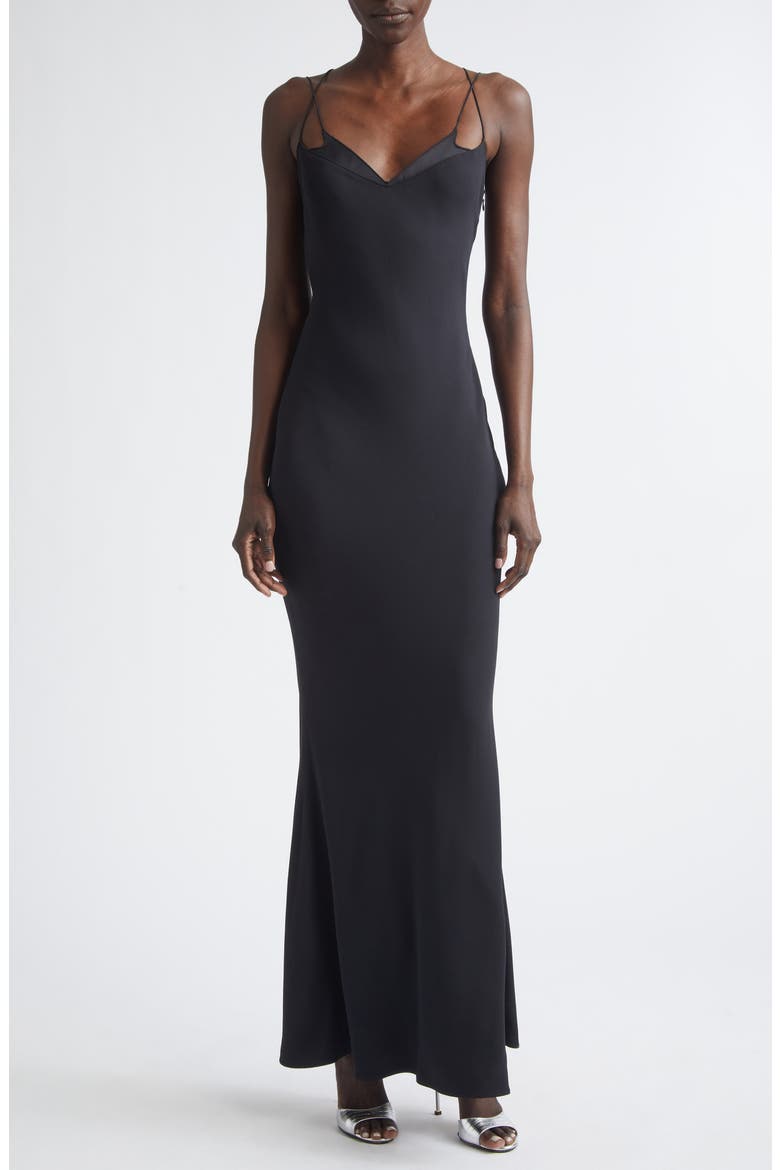 Satin Trim Crepe Slipdress, Main, color, BLACK