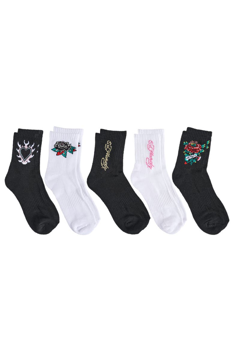 Ed Hardy Flower Print Half Cushion Mid Crew Sock 5-Pack, Alternate, color, Black White