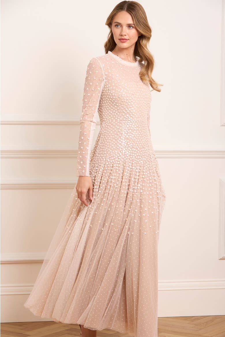 Sequin Cascade Round Neck Gown, Alternate, color, Cream/ Butterscotch