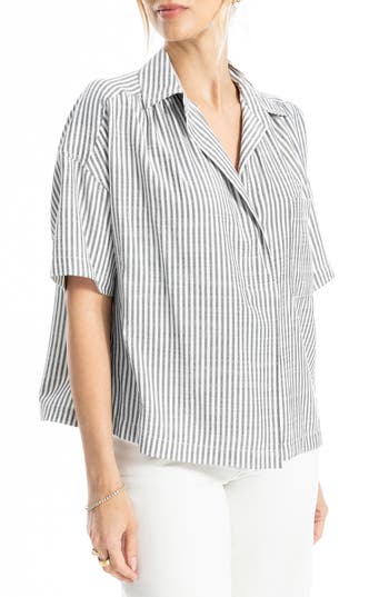 Max Studio Split Neck Collar Short Sleeve Top In Multi