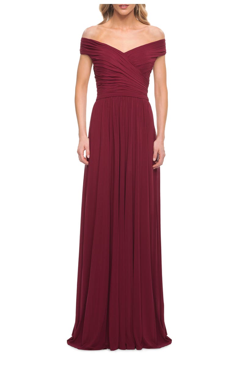 La Femme Off the Shoulder Net Jersey Long Dress with Ruching, Main, color, Wine
