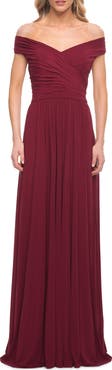 La Femme Off the Shoulder Net Jersey Long Dress with Ruching