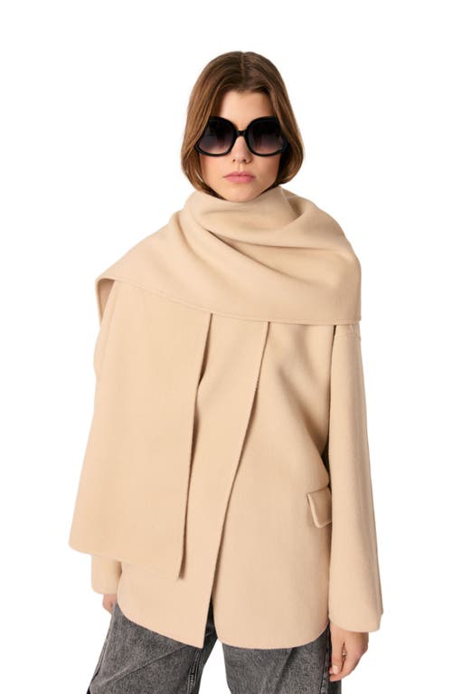 Maje Double-faced Coat With Scarf In Beige