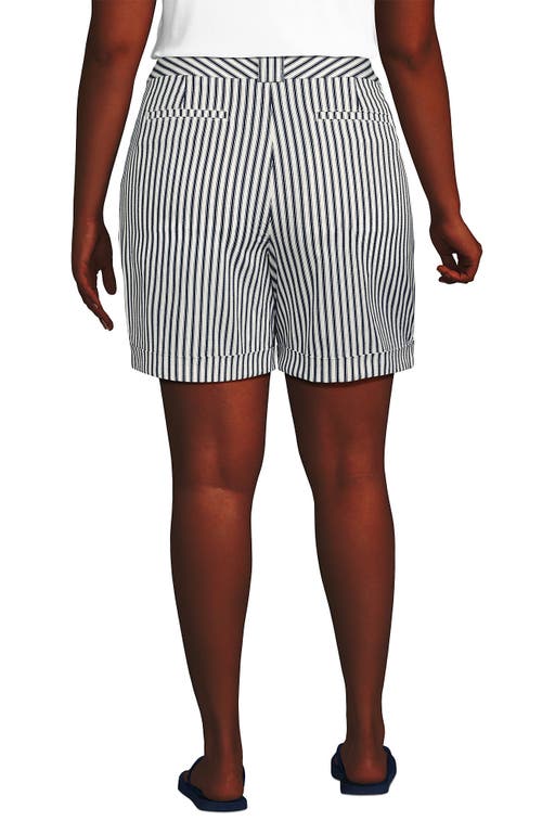 Lands' End Chino High Rise Pleated 7" Shorts In Ivory/deep Sea Awning Stripe