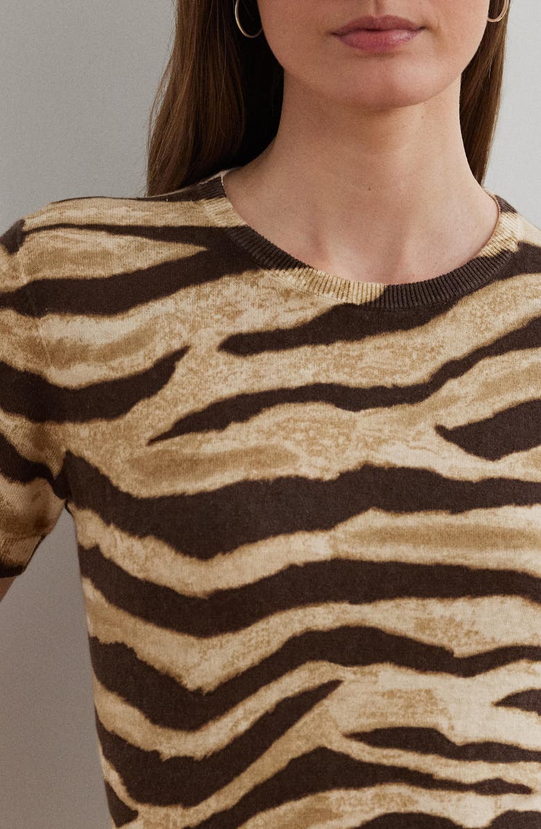 Lauren Ralph Lauren Zebra Stripe Short Sleeve Linen & Cotton Sweater, Alternate, color, Mascarpone Cream/ Brown