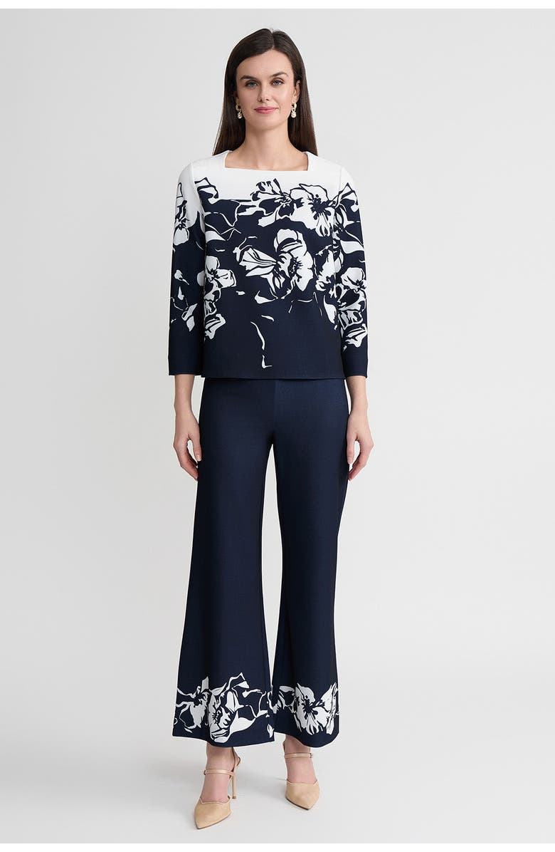 Ming Wang Floral Print Stretch Deco Crepe Blouse, Alternate, color, Indigo/White