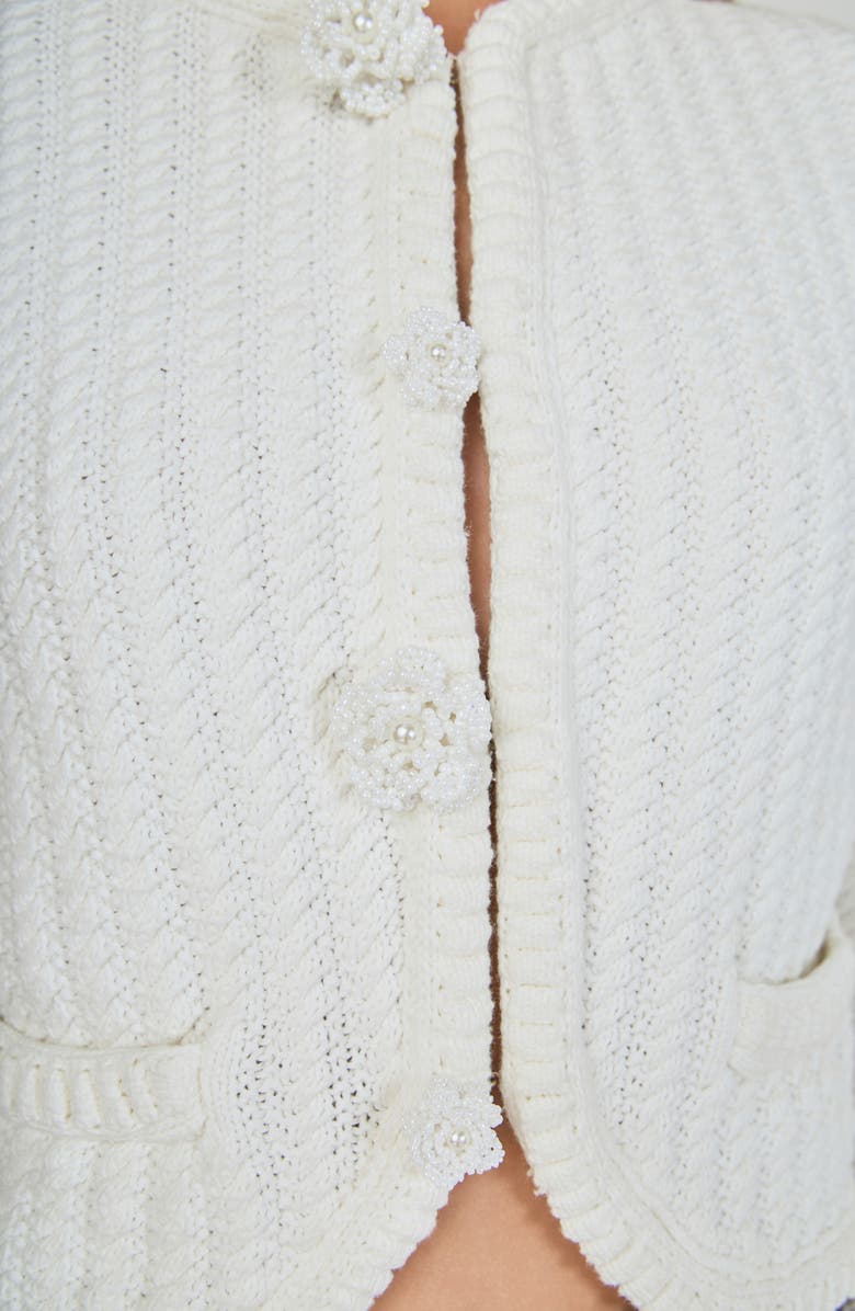Endless Rose Beaded Flower Embellishment Cable Knit Pointelle Sweater, Alternate, color, White