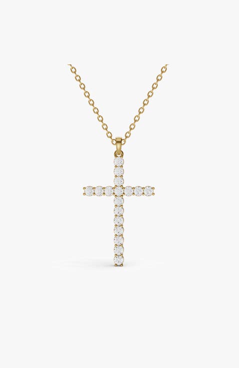 14K Gold 1 ct Lab Diamonds Cross Diamond Full Pave Necklace