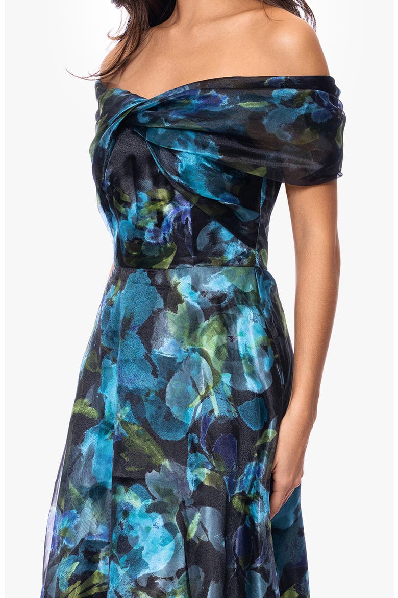 Floral Print Organza Off the Shoulder Gown, Alternate, color, BLACK/ TEAL
