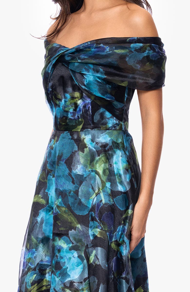 Betsy & Adam Floral Print Organza Off the Shoulder Gown, Alternate, color, Black/ Teal