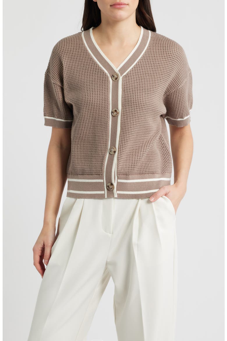 Short Sleeve Basketweave Cardigan, Main, color, GOAT/GARDENIA