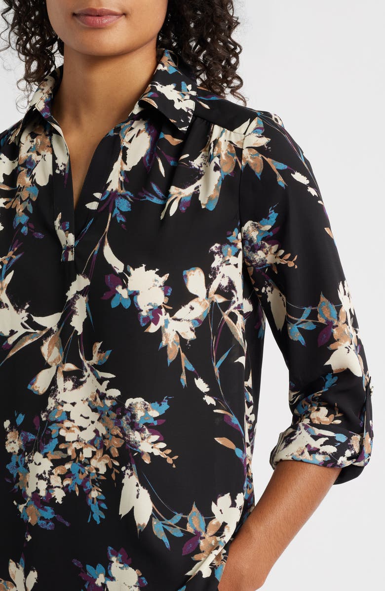 AK ANNE KLEIN Floral Popover Crêpe de Chine Top, Alternate, color, Anne Black Multi