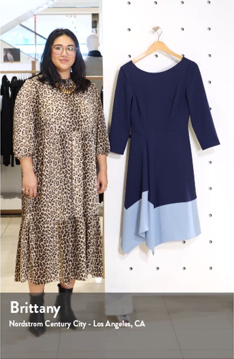 Colorblock Asymmetrical Hem Fit & Flare Crepe Dress, sales video thumbnail