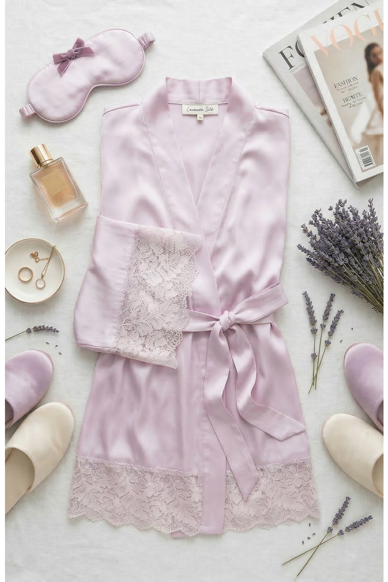 Silky Satin & Sparkle Lace Short Wrap Robe, Alternate, color, Lilac